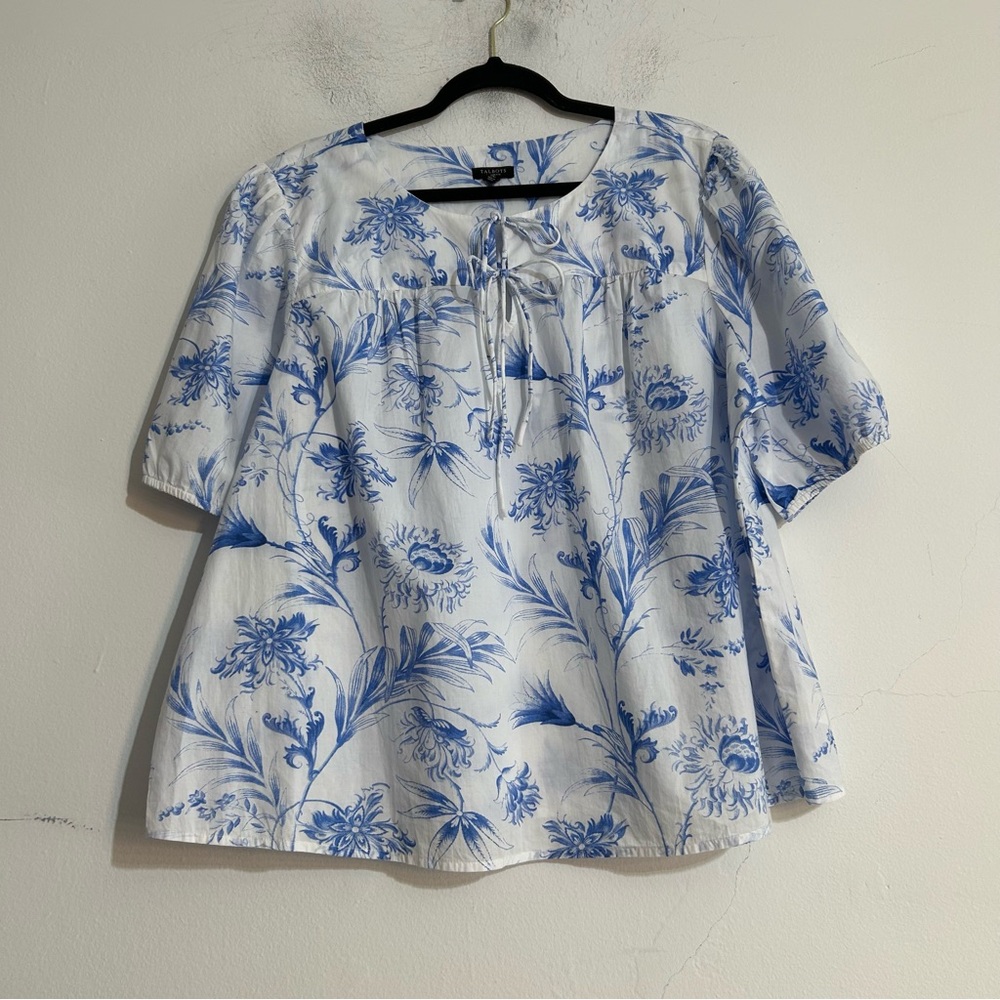 Talbots Tie Front Short Sleeve Cotton Top Ocean Flora 2XP Coastal Summer Beach